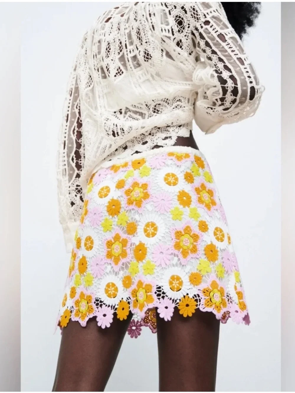 ZARA - Pink and Yellow Floral Crochet Mini Skirt - Size XS